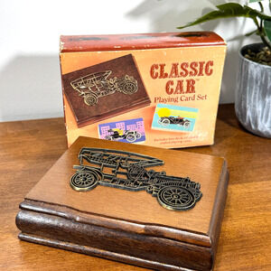 Vintage Classic Car Playing Card Set of 2 Wooden Storage Box 1985 Taiwan
